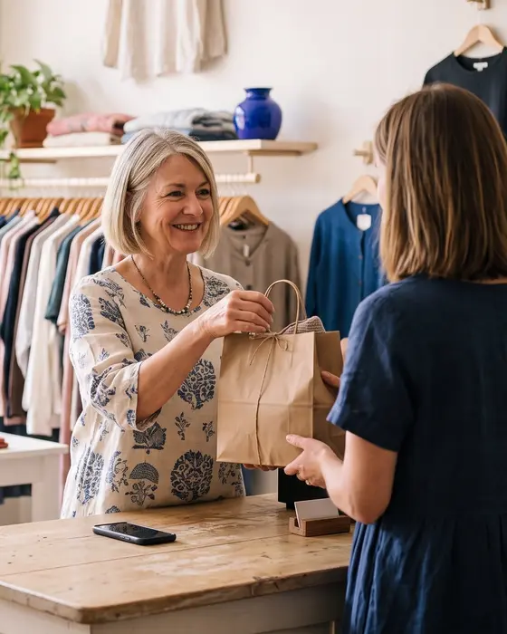 Owner of a clothing shop serving a customer, her phone forgotten on the counter