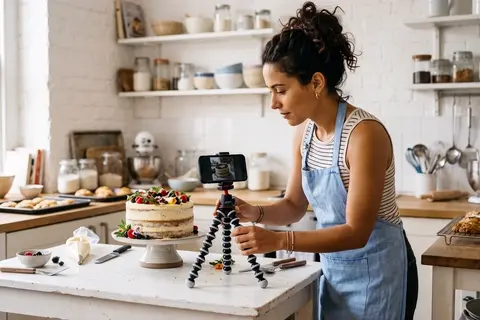 A baker adjusting her phone on a tripod to film a decorated cake