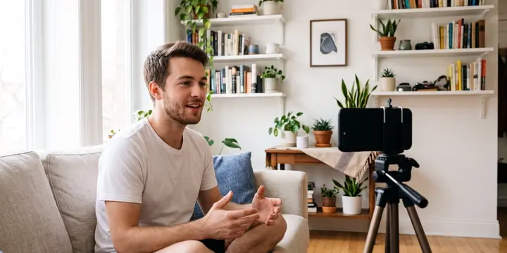 A content creator recording a video in his living room, phone on a tripod
