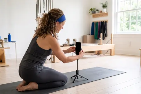 The owner of a pilates studio setting up her phone to record an exercise