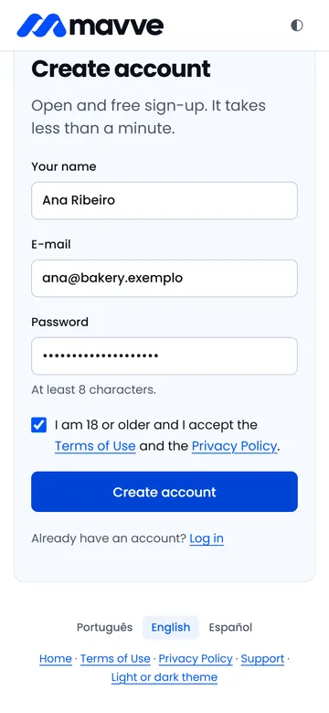 The Mavve sign-up screen