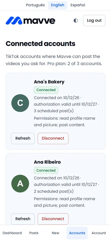 The connected accounts screen