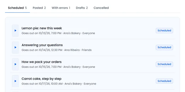 List of scheduled posts with the date, time, account and visibility of each one