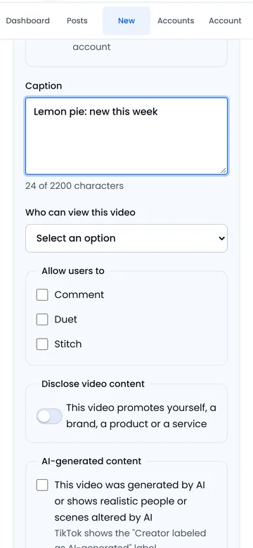 The posting options screen