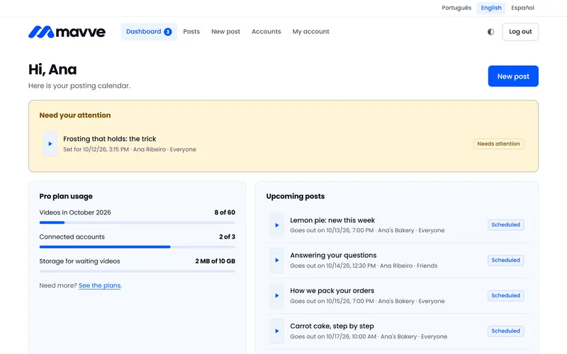 Mavve dashboard showing plan usage and the upcoming scheduled posts