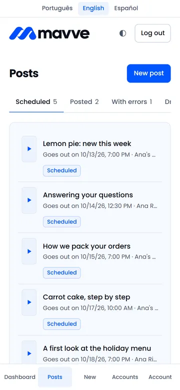 The Mavve list of scheduled posts on a phone screen