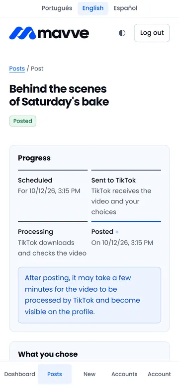 The post page with its progress up to posted