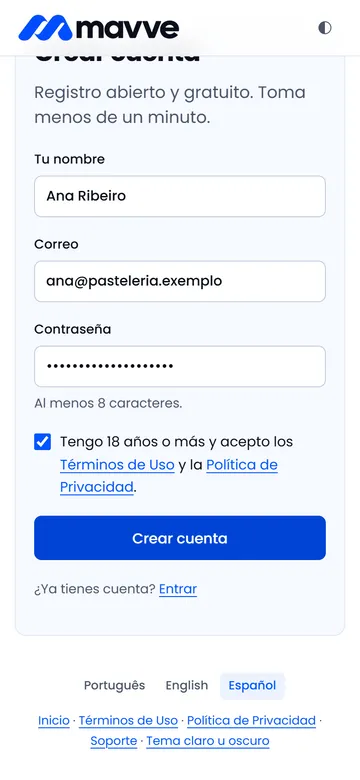 Pantalla de registro de Mavve