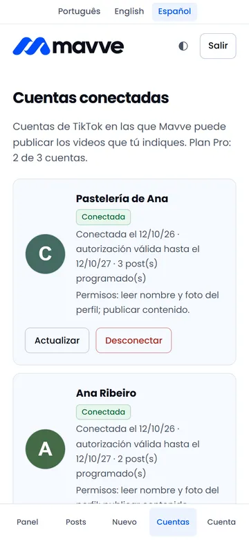 Pantalla de cuentas conectadas