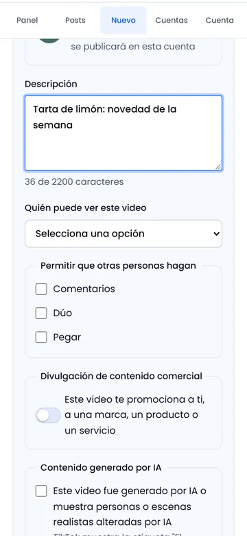 Pantalla de opciones de publicación