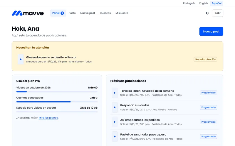 Panel de Mavve con el uso del plan y las próximas publicaciones programadas