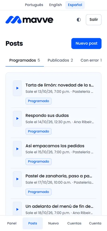 Lista de posts programados de Mavve en la pantalla del celular