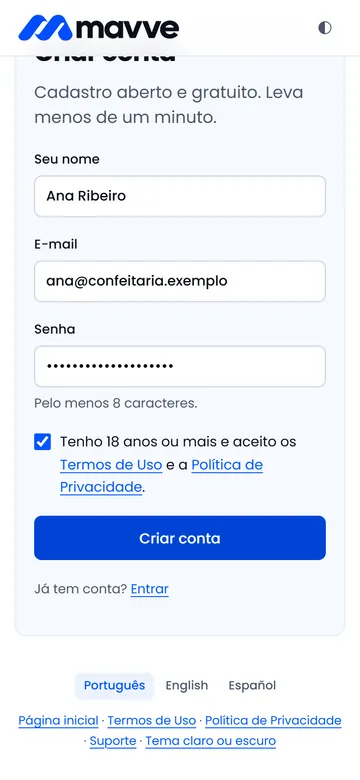 Tela de cadastro do Mavve