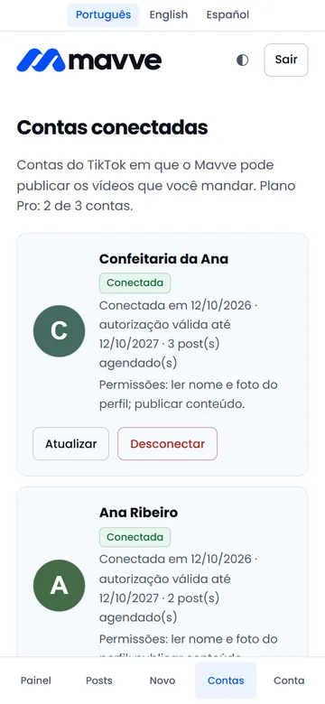 Tela de contas conectadas