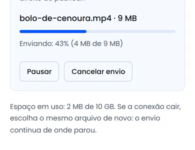 Envio de um vídeo em andamento, com a barra de progresso