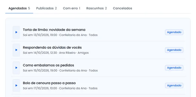 Lista de posts agendados, com data, hora, conta e visibilidade de cada um