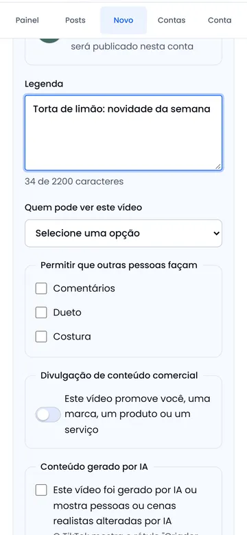 Tela de opções de publicação