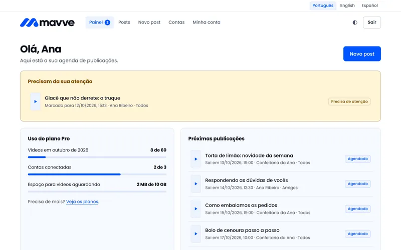 Painel do Mavve com o uso do plano e as próximas publicações agendadas