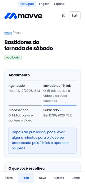 Página do post com o andamento até publicado